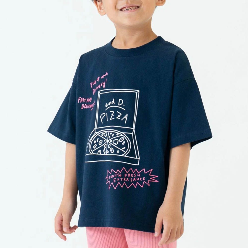 100%棉 塗鴉系食物印花短袖上衣-披薩-靛藍