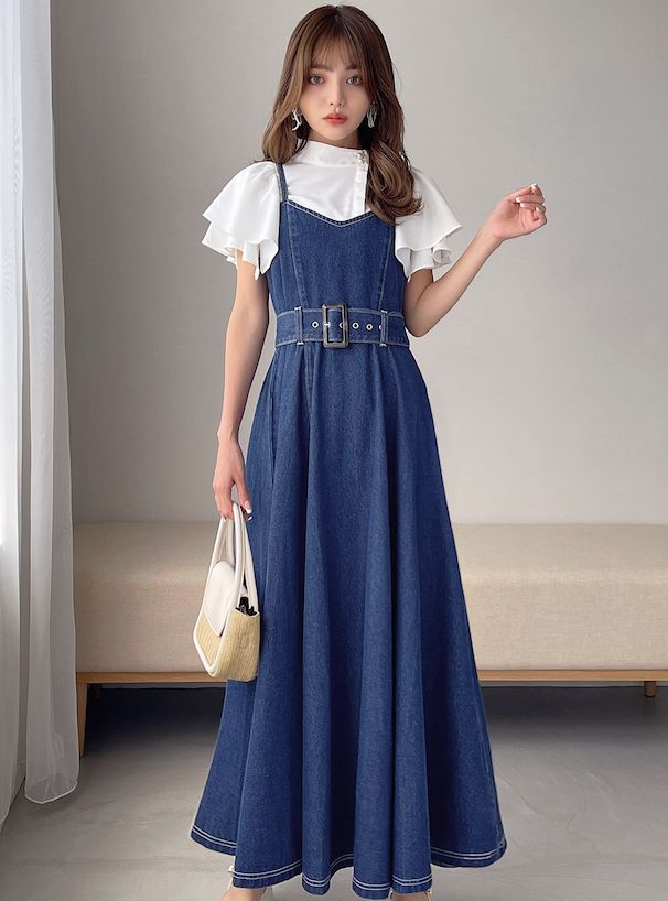 日本 GRL - 率性收腰丹寧吊帶裙(附腰帶）-靛藍