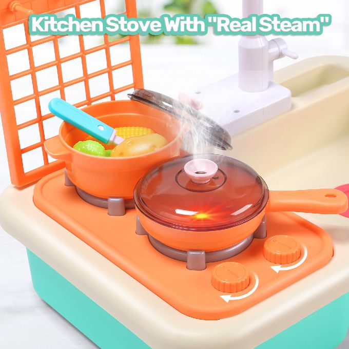CuteStone - 兒童仿真冒煙煮飯與洗碗機切切樂套裝玩具30件組