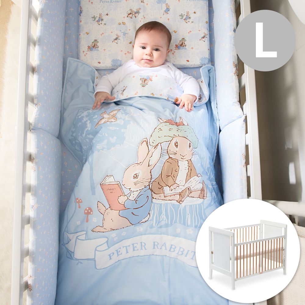 經典白色大床附床墊+悅讀比得兔大床四件床組/寢具組-L(嬰兒床 嬰兒床墊)-藍色