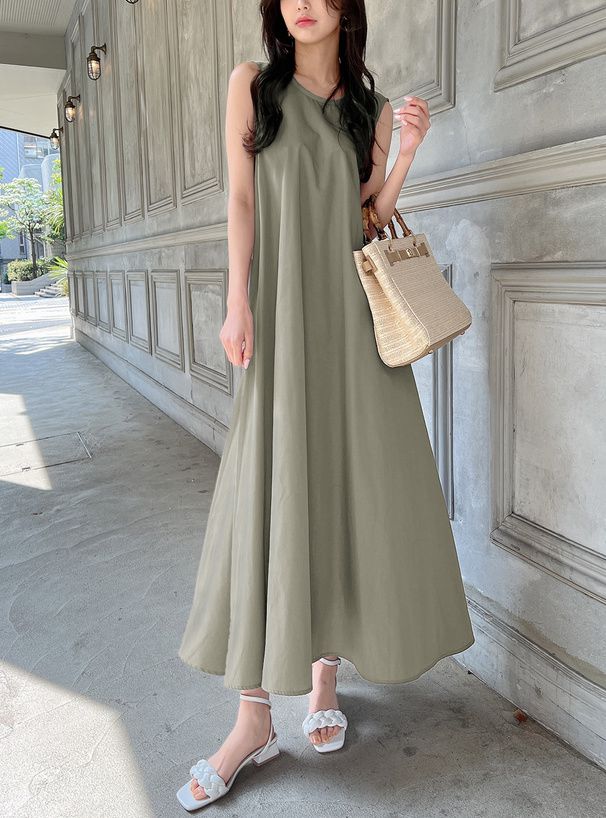 日本 GRL - 優雅後綁帶修身無袖洋裝-淺軍綠