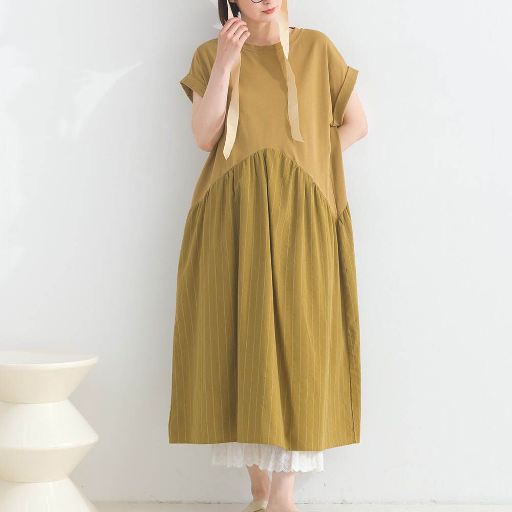 [人氣款]亞麻混紡條紋拼接短袖洋裝-芥末黃