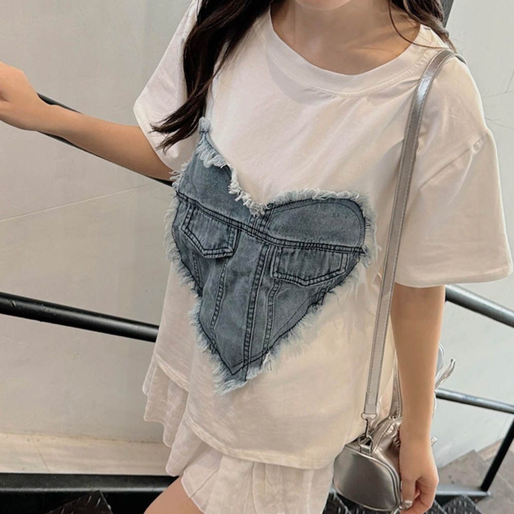 酷時尚流蘇丹寧愛心短袖上衣-白 (F)