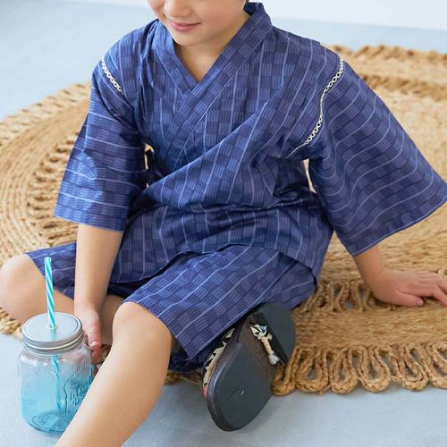 期間限定！經典日式風甚平套裝-市松紋-海軍藍