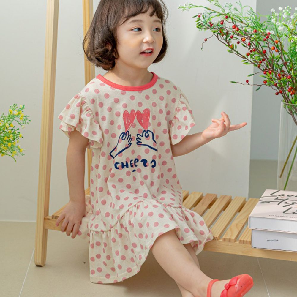 韓國 Orange Mom - 點點愛心手荷葉袖洋裝-粉紅