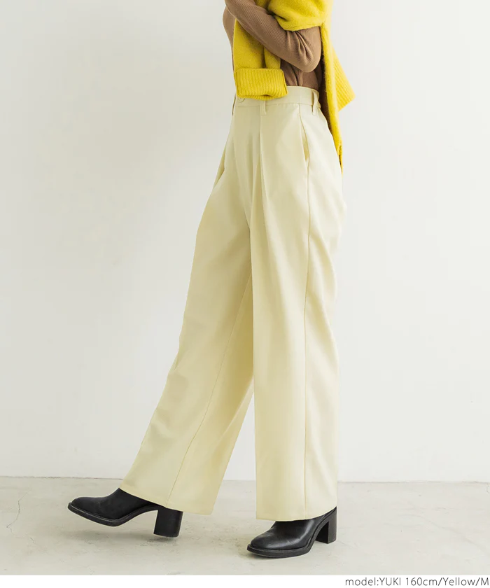 日本 COCA - 百搭垂墜感打摺西裝寬褲-淺鵝黃