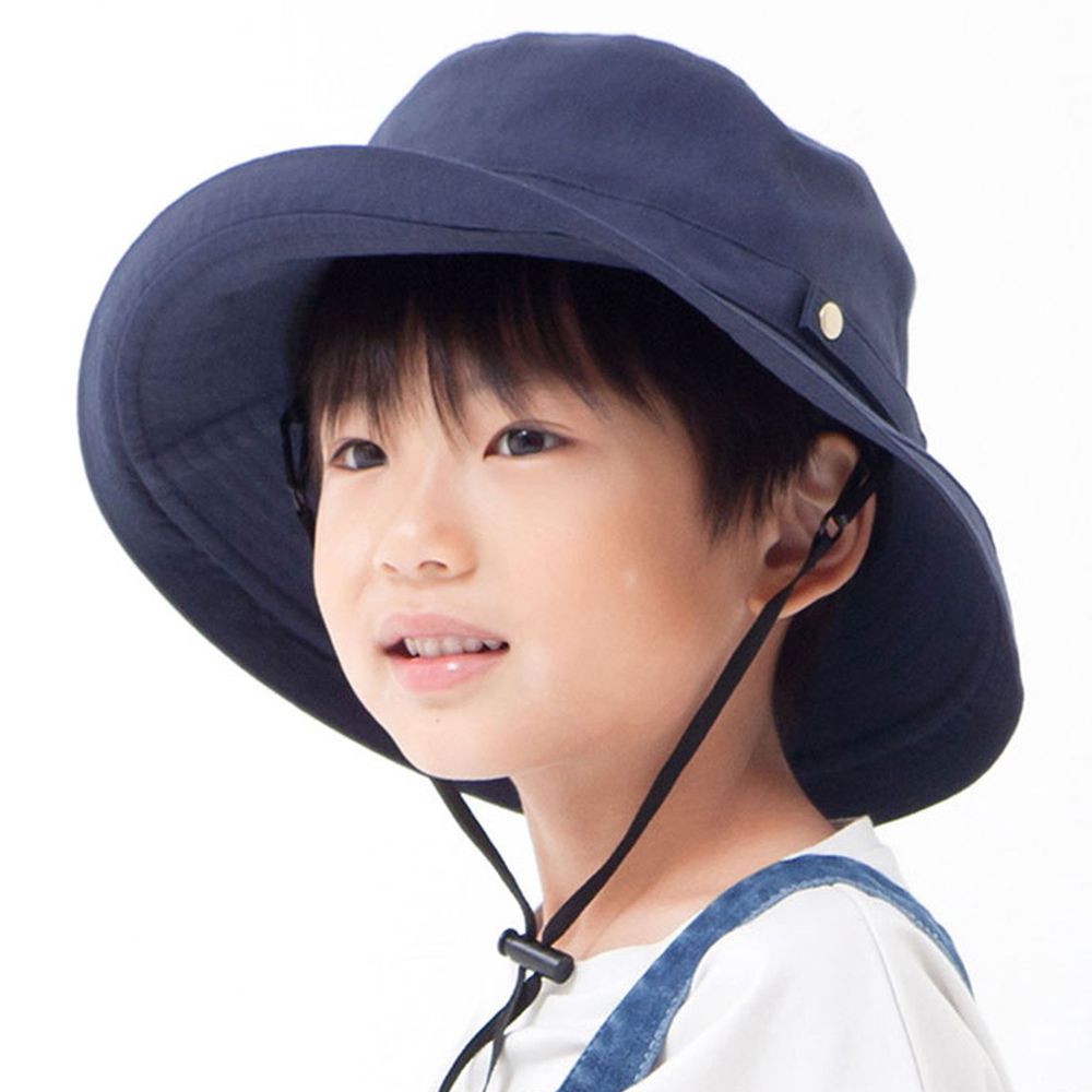 日本 irodori - 【irodori】抗UV可捲收遮陽帽(附防風帽帶)-兒童款-海軍藍 (54cm)-純棉