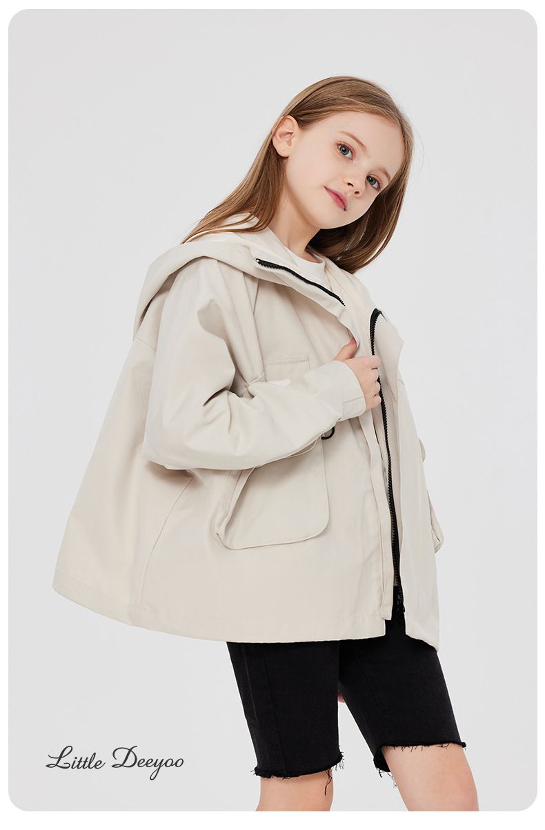 Little Deeyoo - 日系工裝防風連帽風衣外套/衝鋒外套-米白色