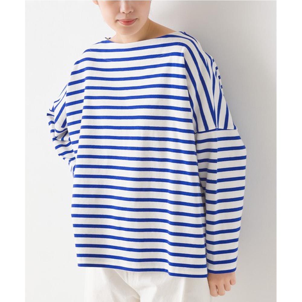 日本 OMNES - 高密度純棉顯瘦船領長袖上衣-條紋-藍白