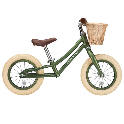 Chelston bikes - Mini Dutch 復古滑步車-原野綠(消光)-滑步車 x 1 , 手工編織竹籃 x 1 , 麻料內襯  x 1 , 3 歲以下專用ABS氣嘴蓋 x 1