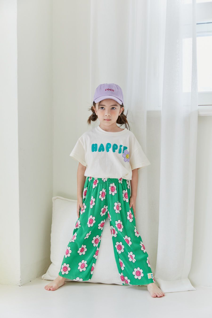 韓國 MINIATURE - SO COOL皺摺長褲-紅白花綠底