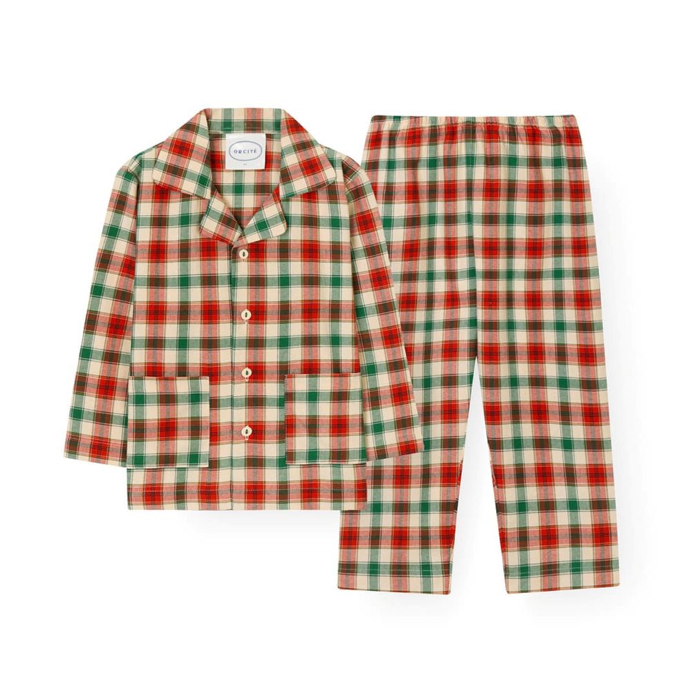 (男寶)柔軟棉翻領長袖睡衣套裝-格紋-紅X綠