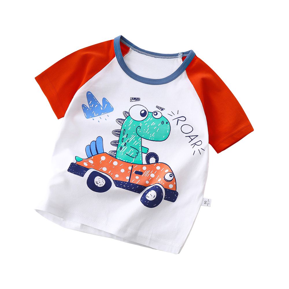 兒童短袖上衣 圓領肩扣寶寶短袖上衣 春夏童裝 透氣短袖上衣-恐龍汽車