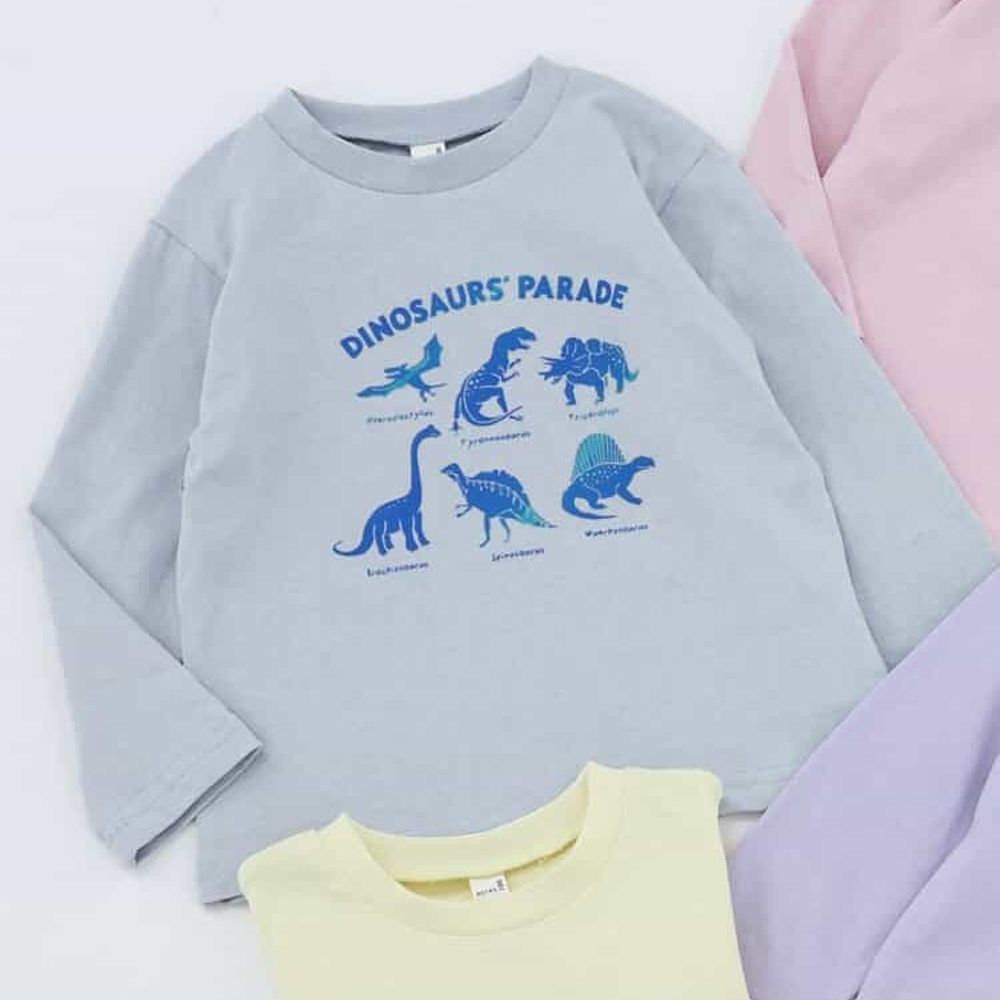 純棉百搭印花薄長袖上衣-恐龍-灰藍