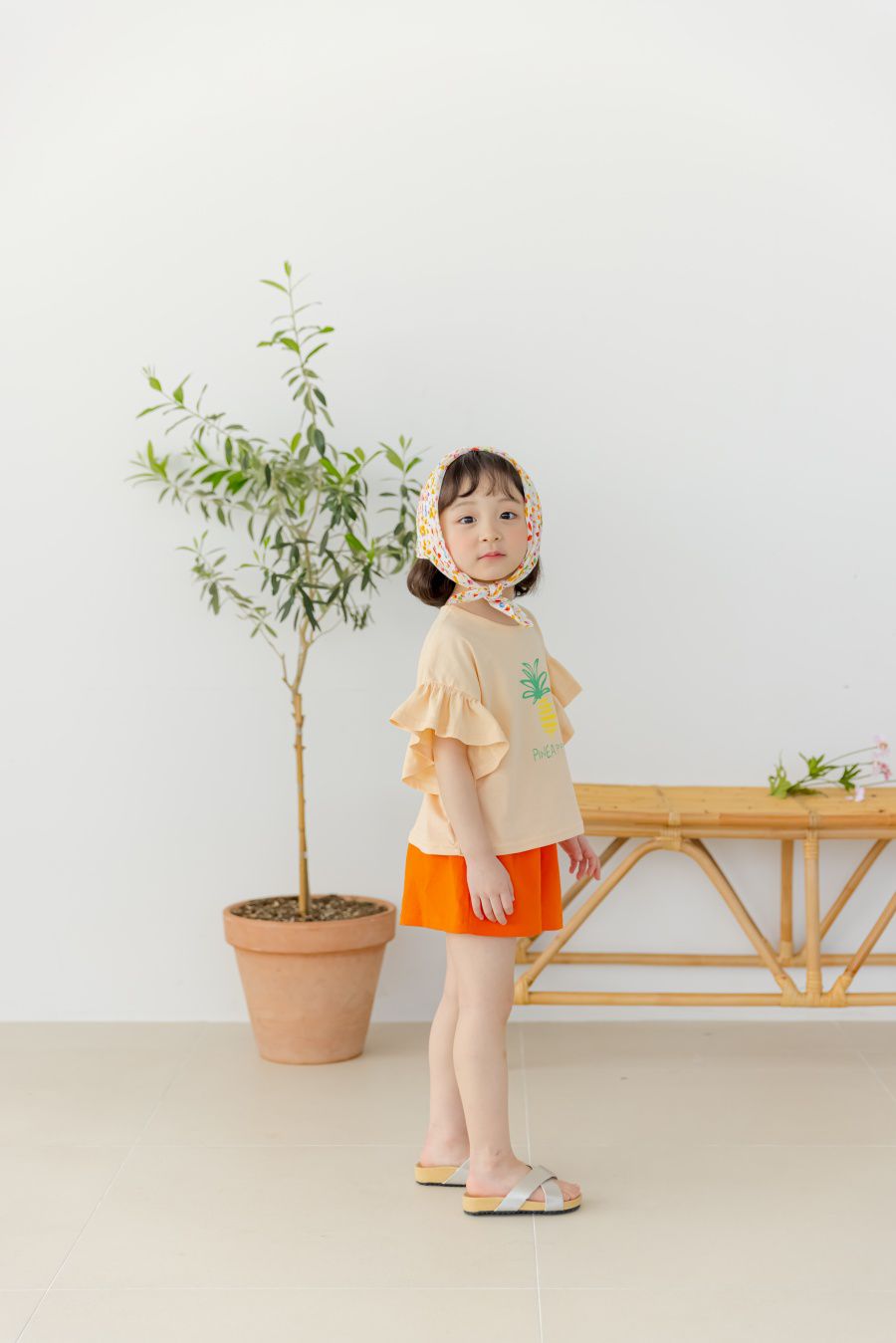 韓國 Orange Mom - 鳳梨大荷葉袖上衣-蜜桃橘