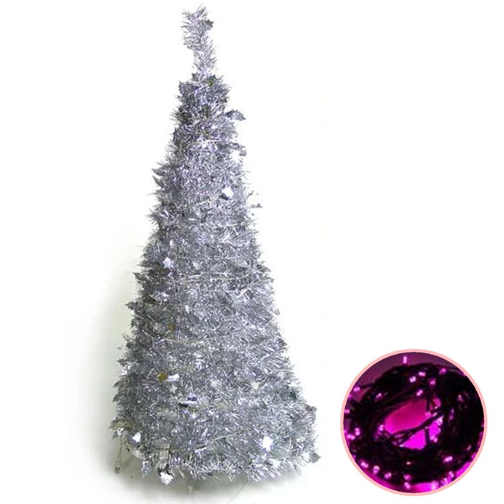 MODACore 摩達客 - 耶誕-4尺/4呎(120cm)創意彈簧摺疊聖誕樹(銀色系)+LED100燈串(粉紅光)
