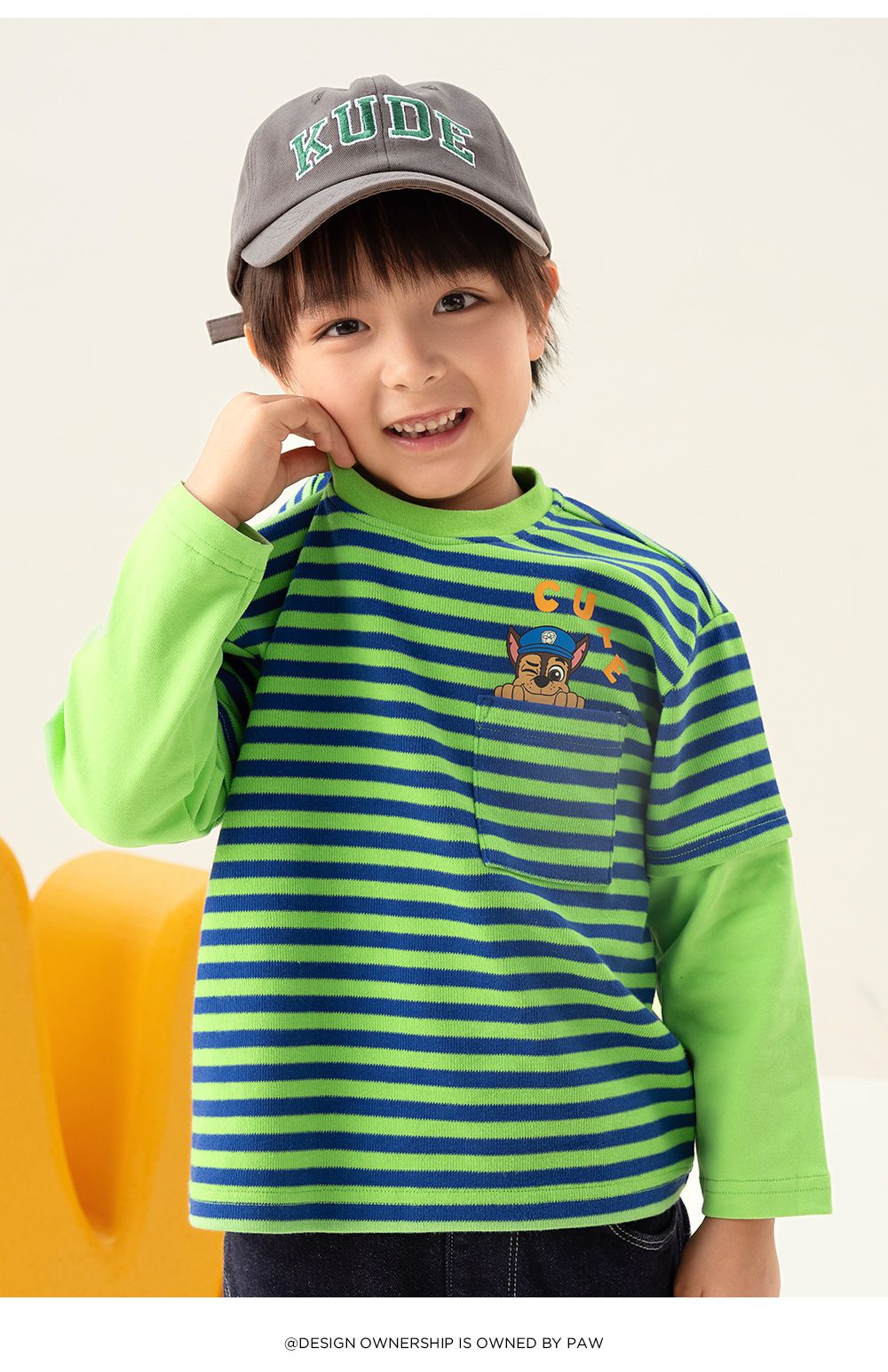 卡通汪汪隊圓領條紋拼接長袖上衣-卡通人物阿奇-綠色