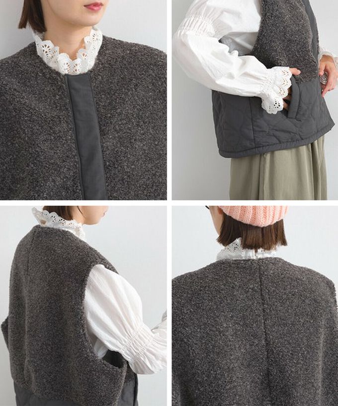 日本 Lupilien - 文青風異素材毛絨拼接保暖背心-炭灰