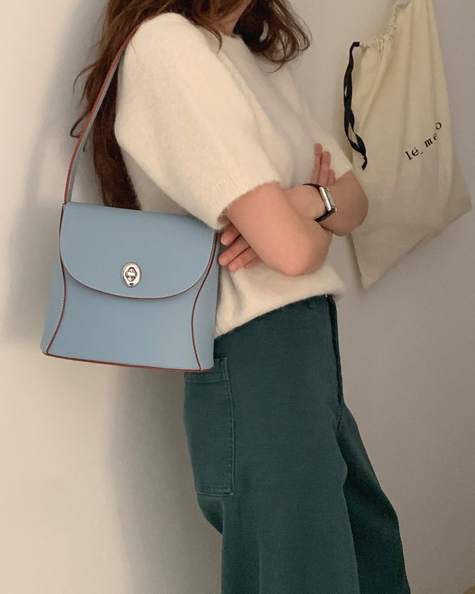 韓國lemego - 牛皮復古金釦肩背包(Mone)-藍色