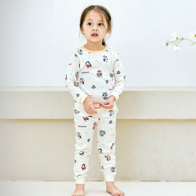 韓國 Maykids - 親膚舒絨棉彈性長袖家居服-滑雪企鵝-米