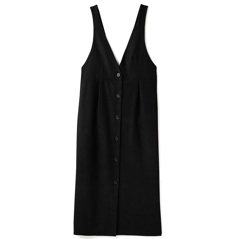 日本 GRL - 優雅簡約排釦V領吊帶洋裝-簡約黑