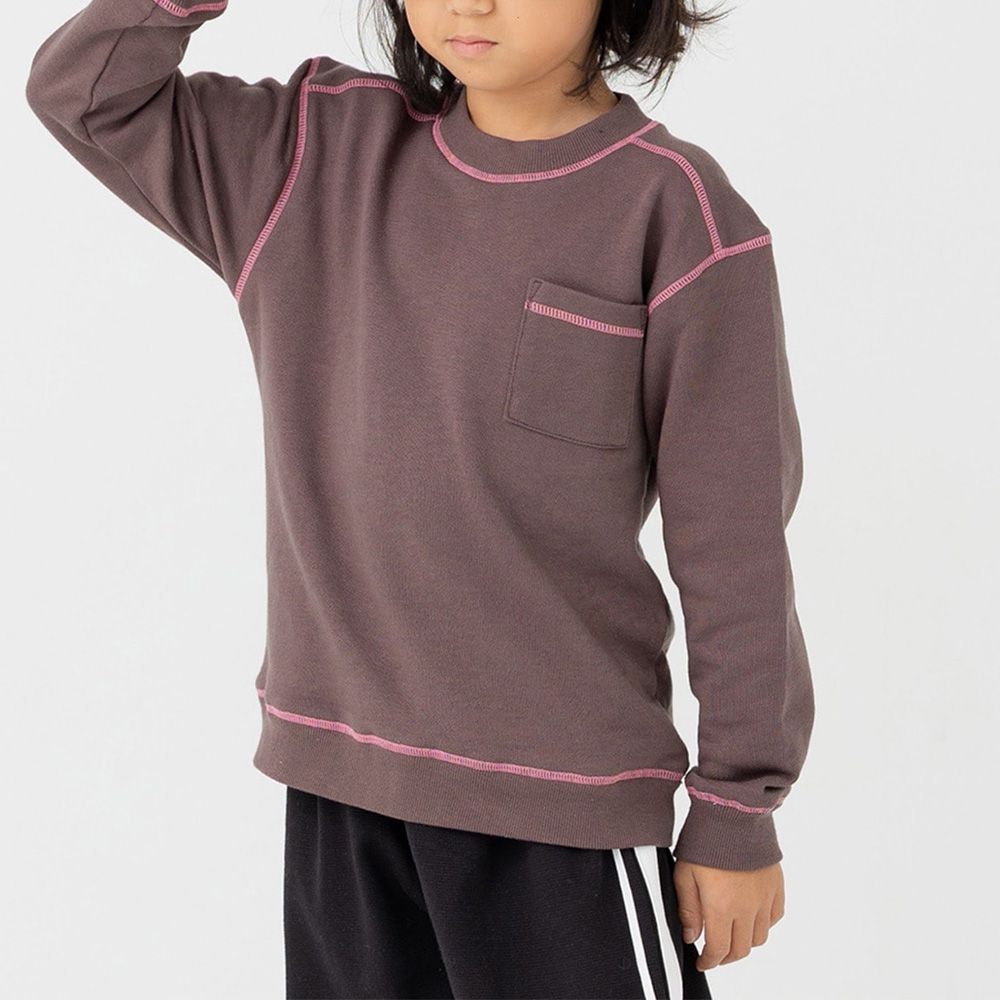 配色縫線簡約裏毛長袖上衣-咖啡x粉紅線