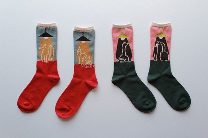 日本女裝代購 - 日本製 伊索寓言印花長襪-狐狸和鶴-洋紅 (23-25cm)