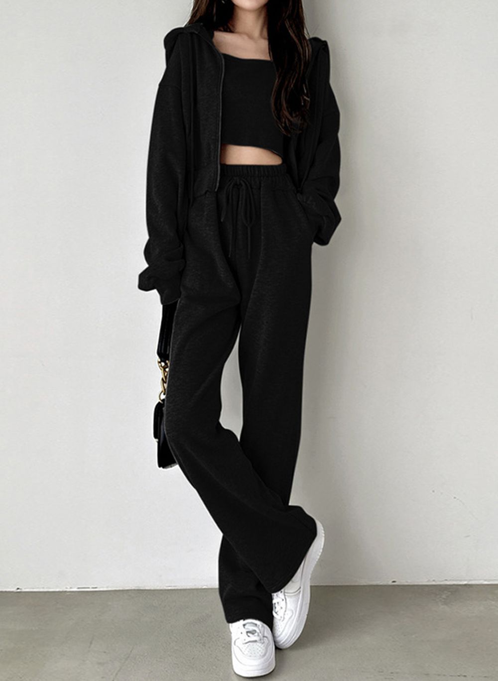 簡約素色運動風連帽套裝3件組-黑