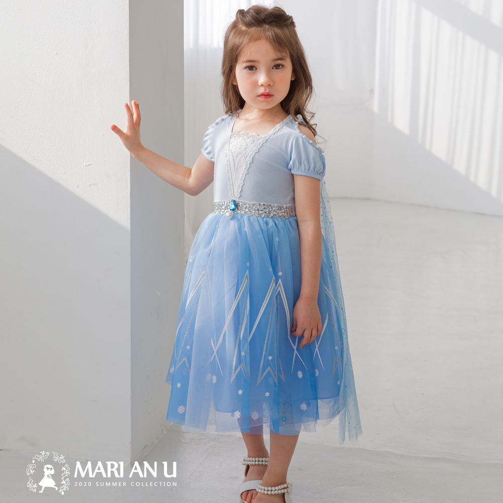 韓國 mari an u - (剩7號)冰雪奇緣2同款-艾莎洋裝(披風可拆,露肩款)-閃耀藍