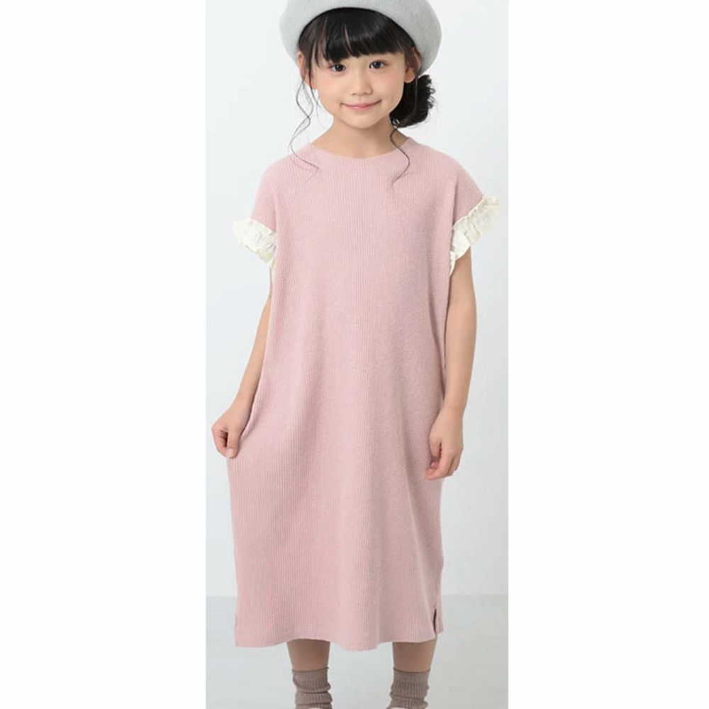 日本 devirock - 純棉 荷葉袖口純色圓領短袖洋裝-櫻花粉