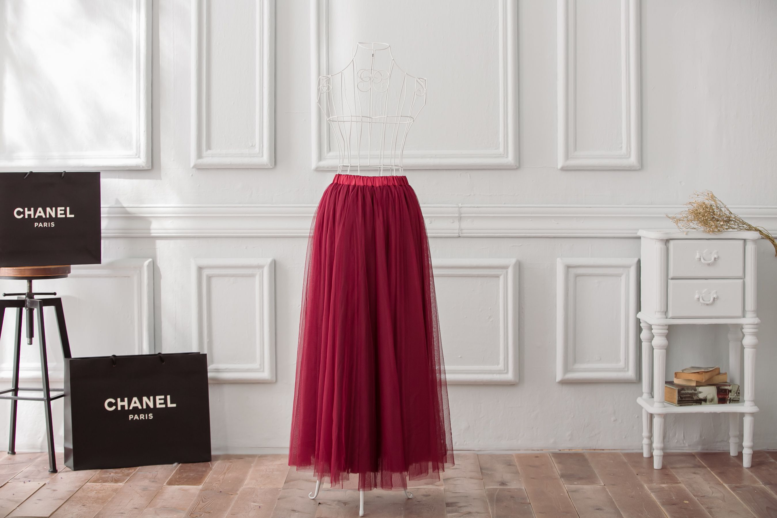 Peachy - 獨家訂製綿柔法式浪漫三層蓬紗裙-三層蓬版-性感酒紅 (F)