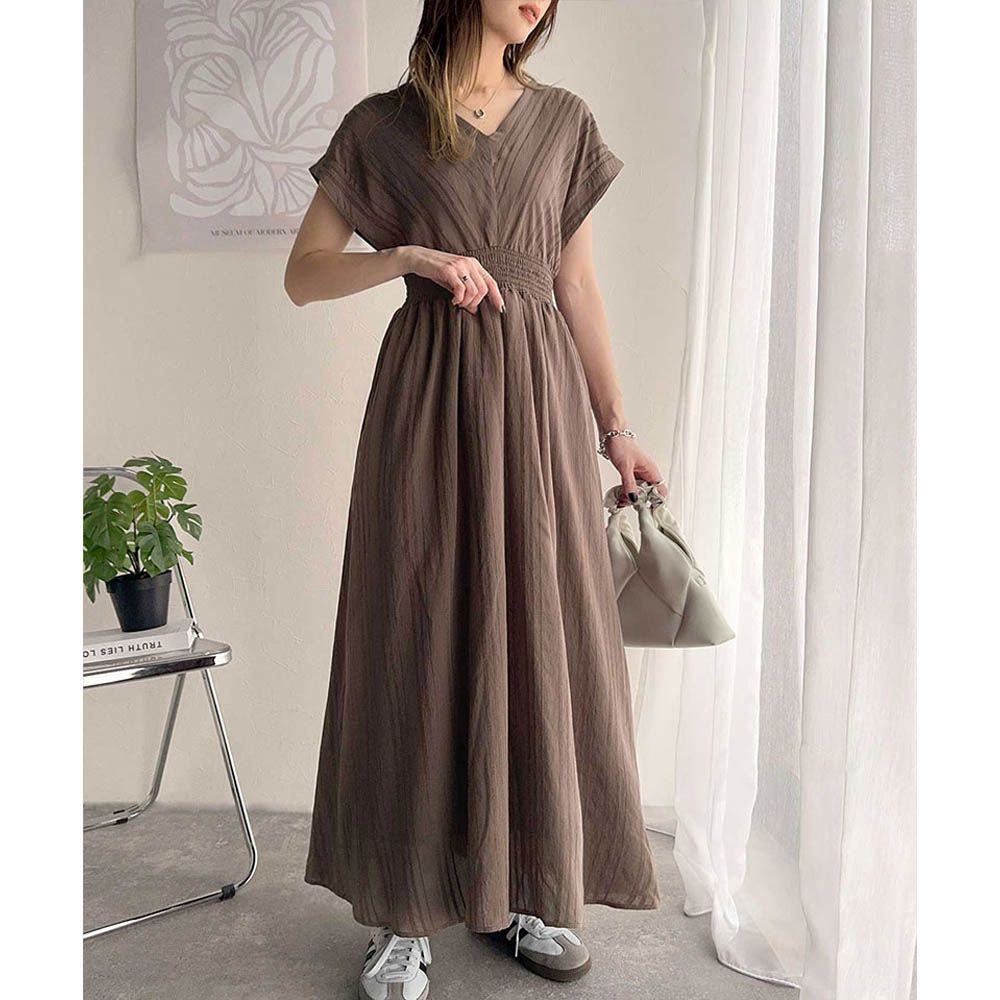 氣質V領縮腰修身短袖洋裝-咖啡