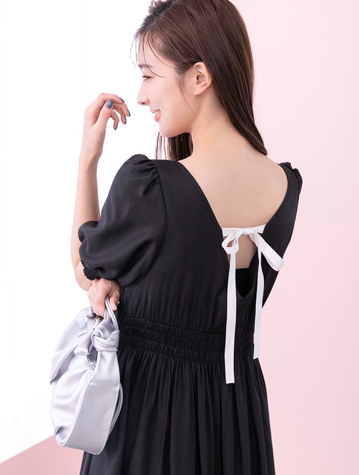 日本 fifth - 美背綁帶方領五分袖縮腰長洋裝-摩卡