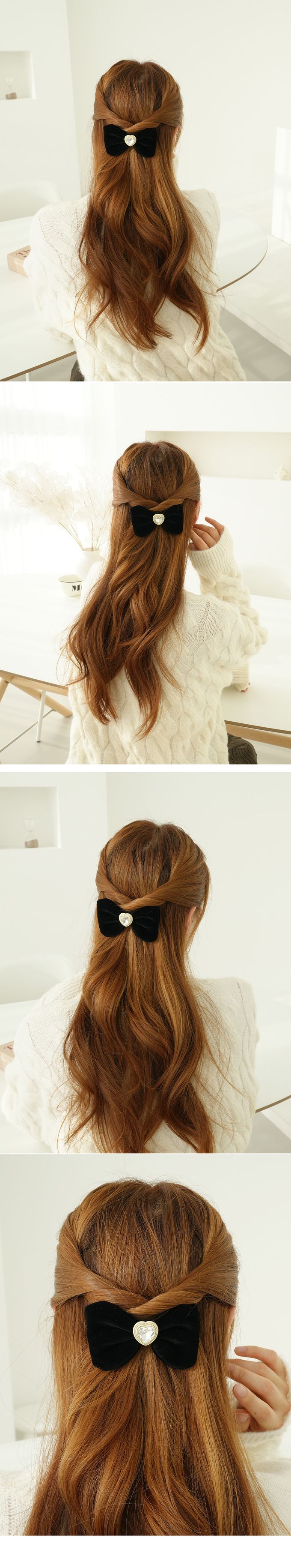 韓國 Soo&Soo - 天鵝絨蝶結裝飾髮夾-小愛心