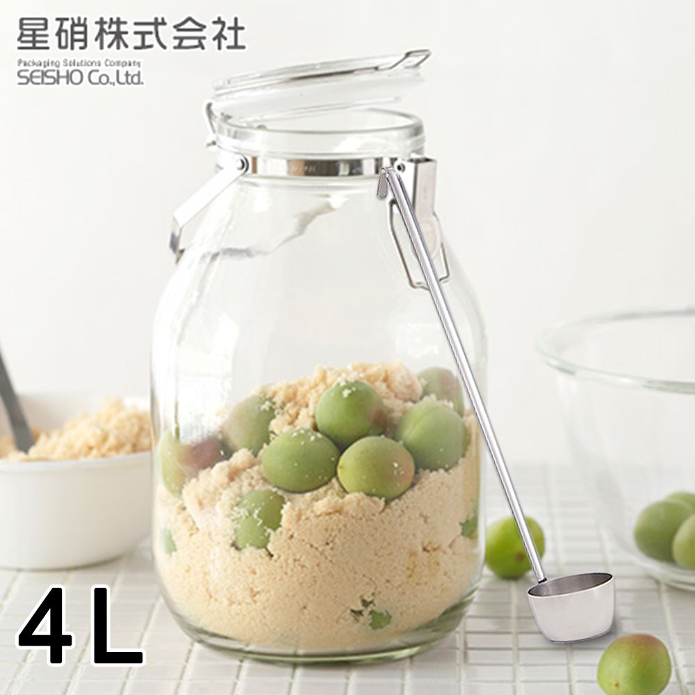 日本星硝SEISHO - 日本製 醃漬/梅酒密封玻璃保存罐4L(附日本製 可掛式不鏽鋼長勺)