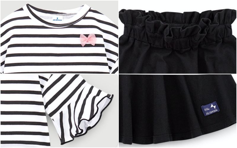 韓國 Jelispoon - 荷葉條紋上衣花苞裙套裝-黑