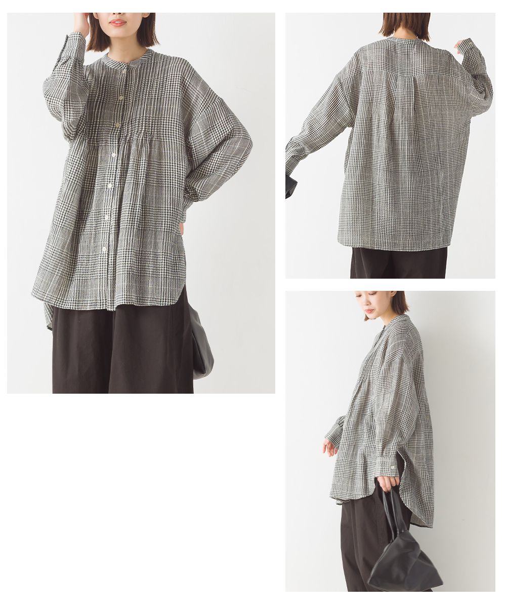 日本 OMNES - 質感二重紗風琴褶長袖上衣-綠格紋