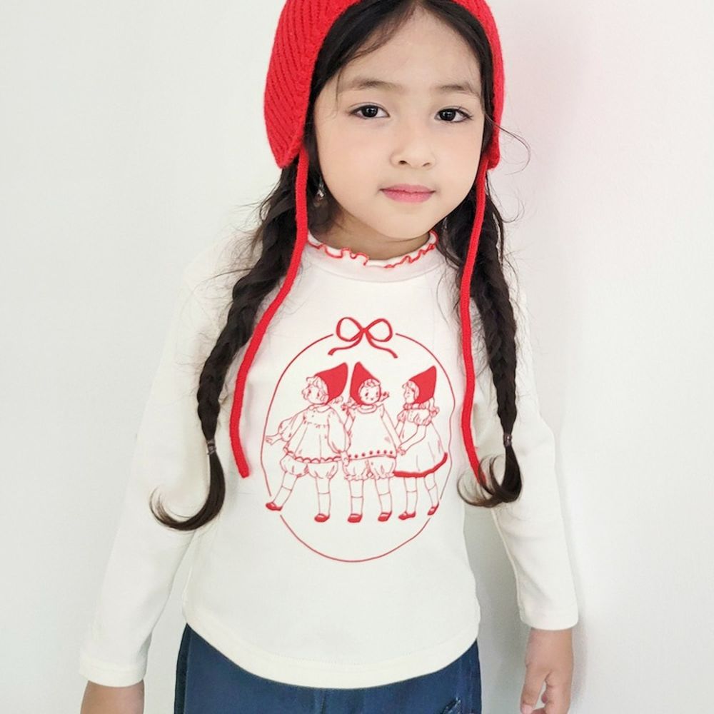 Peanuts House 尖帽少女圖案木耳邊領長袖上衣-象牙白