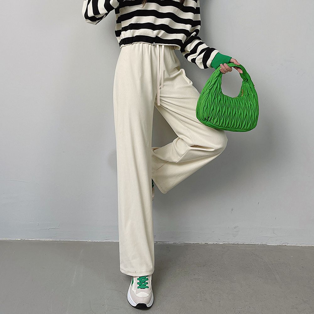 腰鬆緊高腰顯瘦抽繩燈芯絨長褲-優雅米白