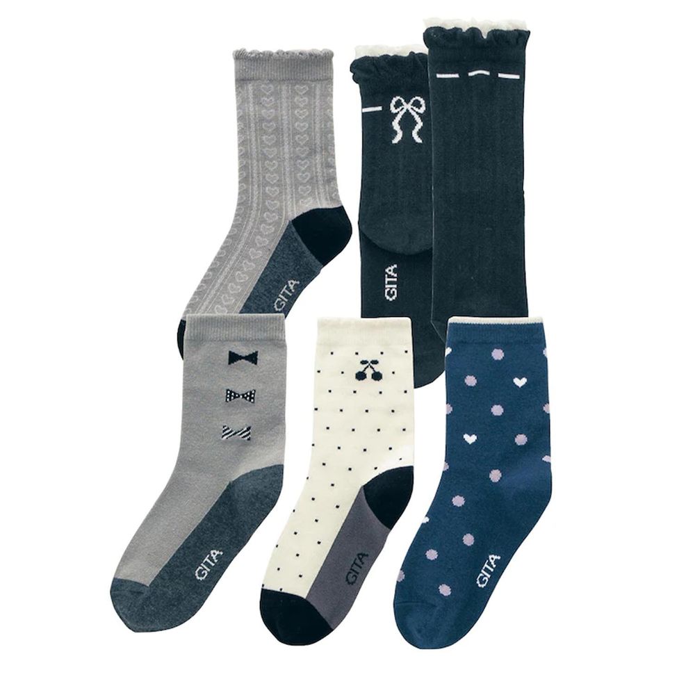 日本千趣會 - GITA 超值中筒襪五件組-點點蝴蝶結
