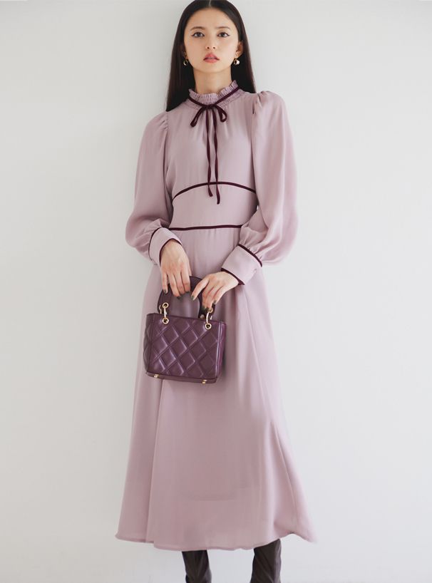 日本 GRL - 戀愛時光綁帶長袖洋裝-浪漫粉