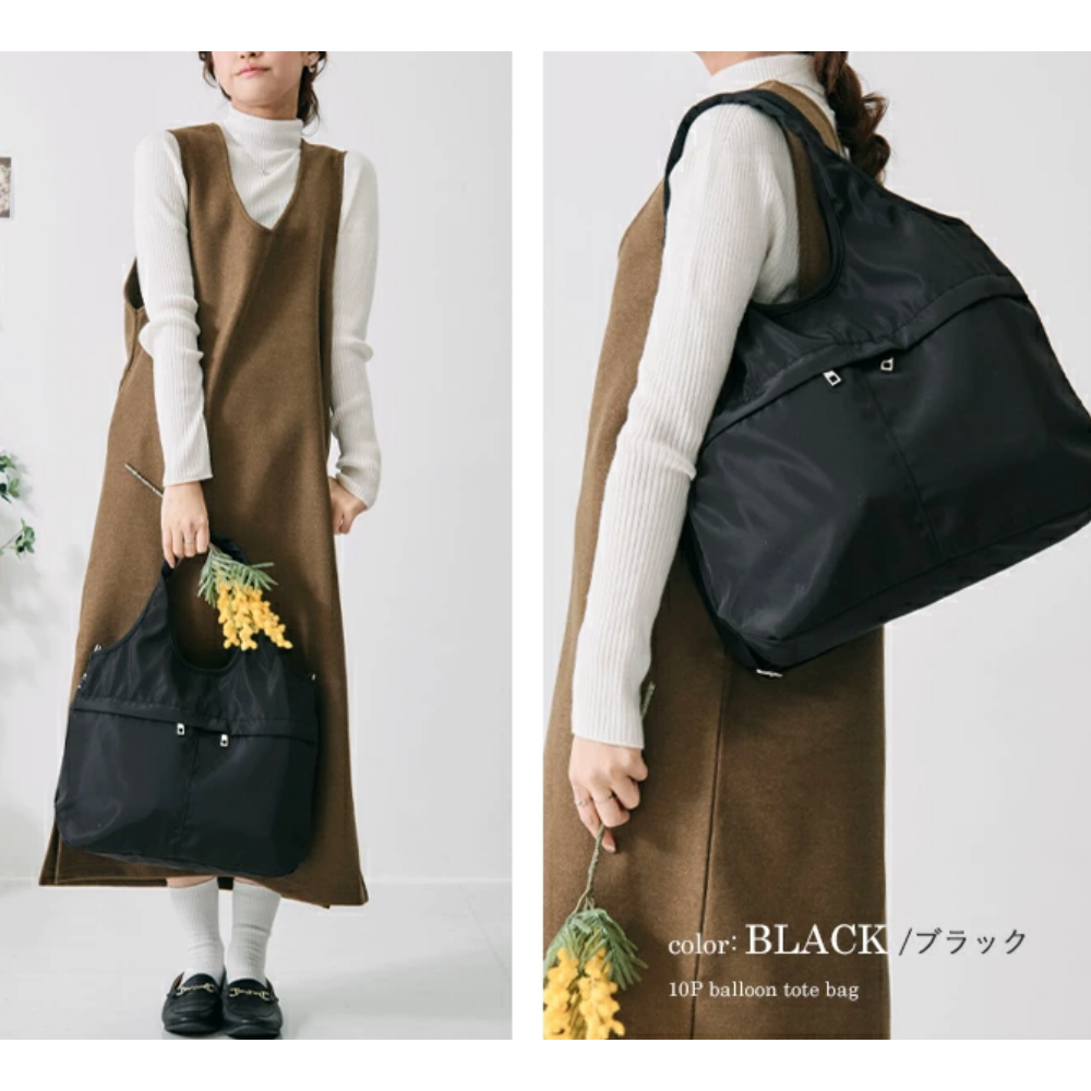 休閒風 10口袋大容量肩背包/媽媽包-百搭黑