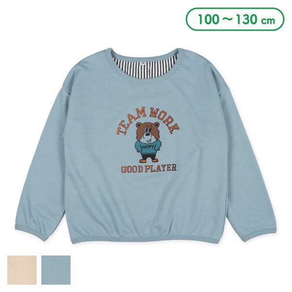 日本西松屋 - 裏毛圓領印花長袖上衣-酷帥小熊-卡其