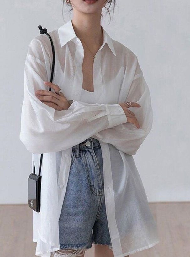 日本 GRL - 透明感氣球袖襯衫/罩衫-淺粉 (M)