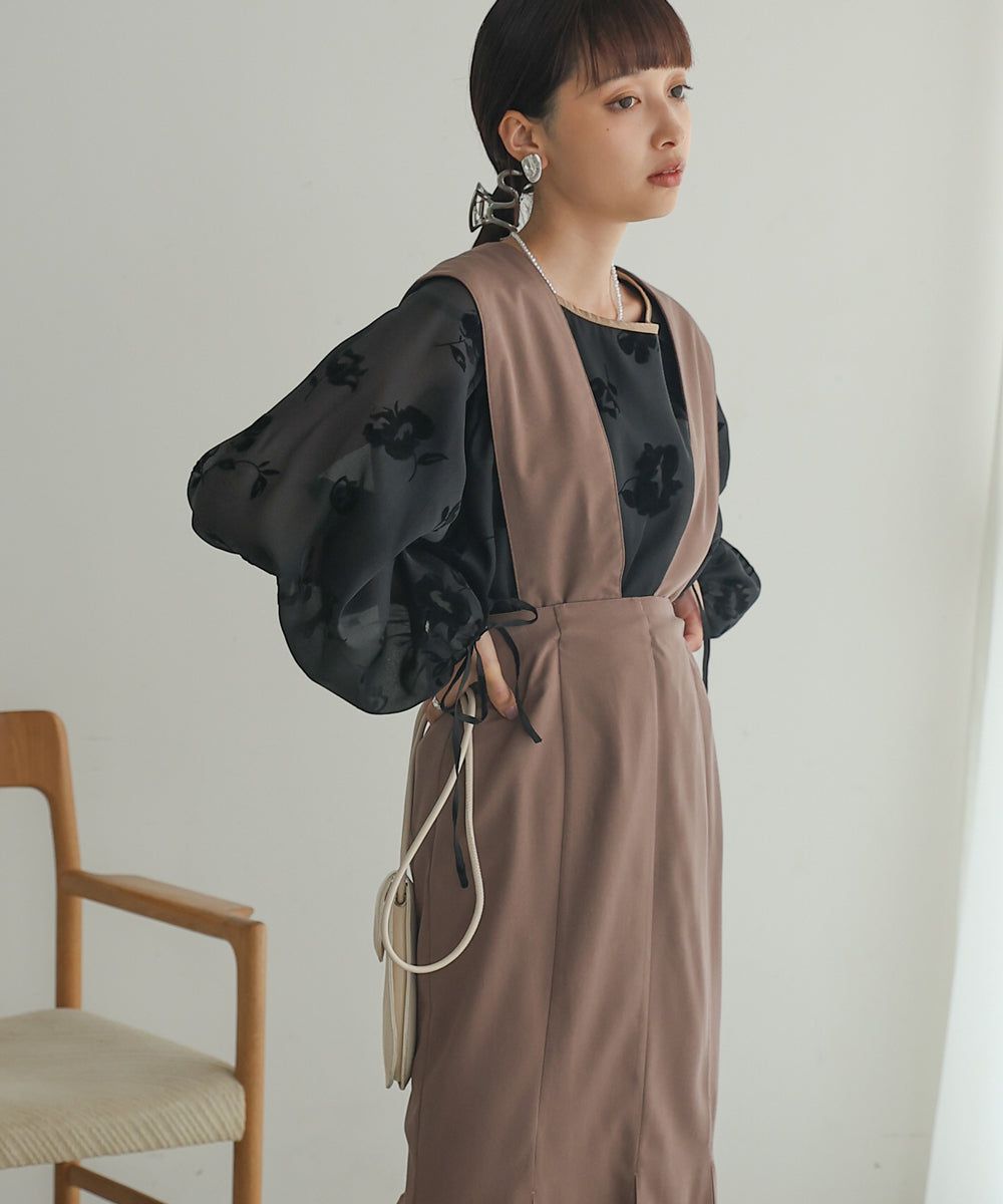 日本 Bab - 緹花透感泡泡長袖上衣-黑