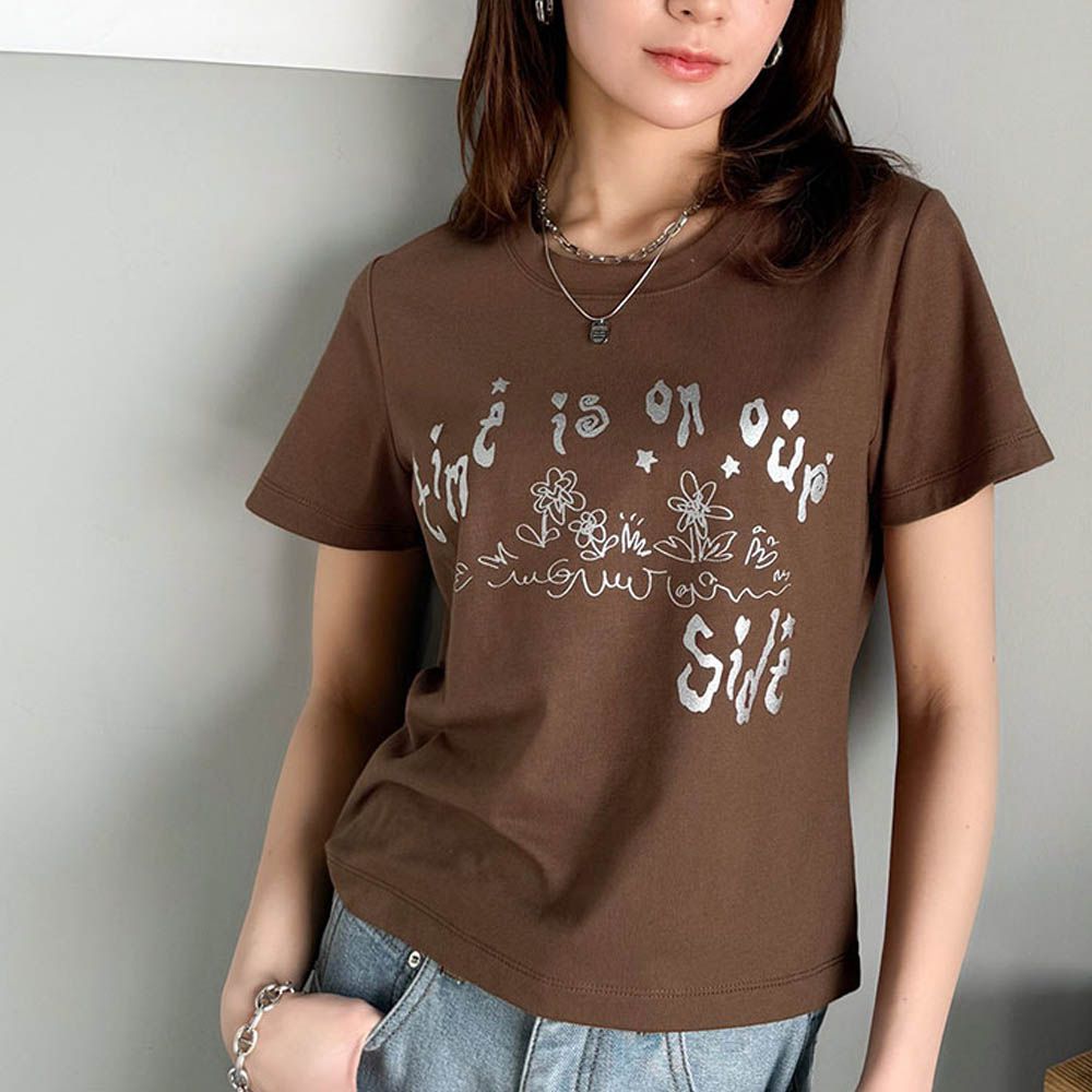 mily bilet 燙銀俏麗印花短袖上衣-咖啡