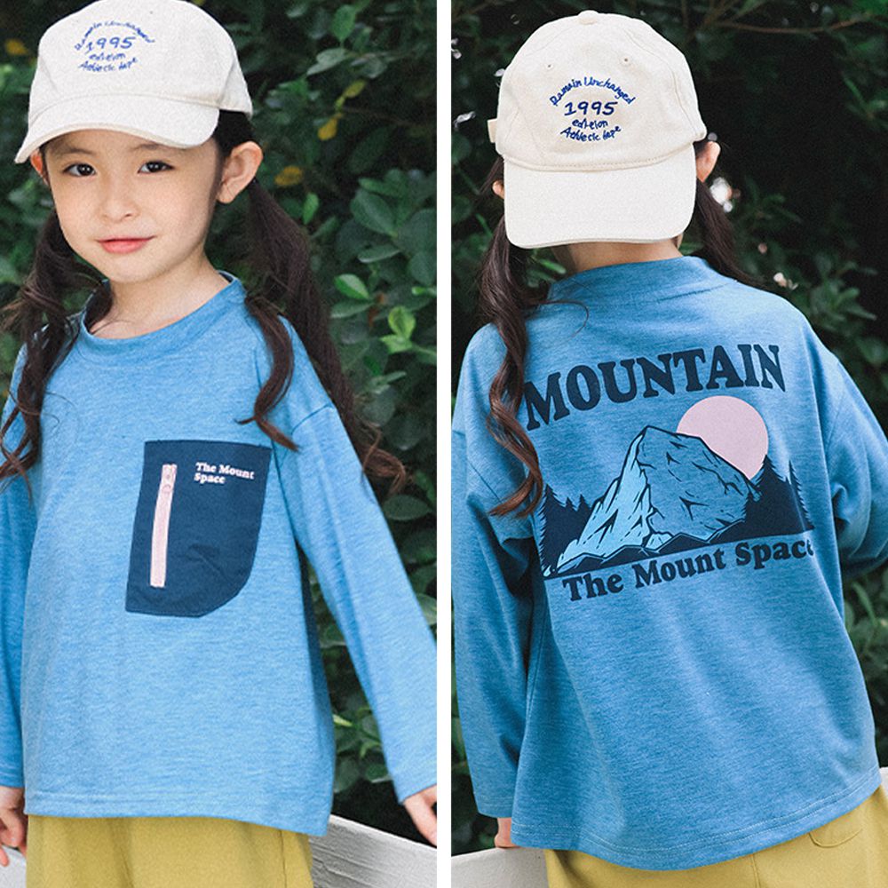 撞色口袋長袖上衣-復古大山插畫-藍色