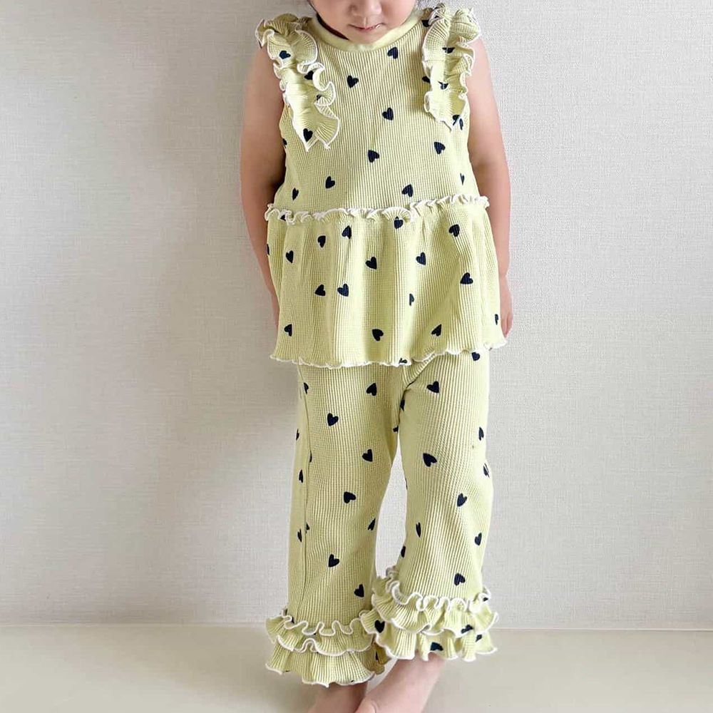 肩荷葉邊華夫格印花無袖上衣-愛心-淺黃