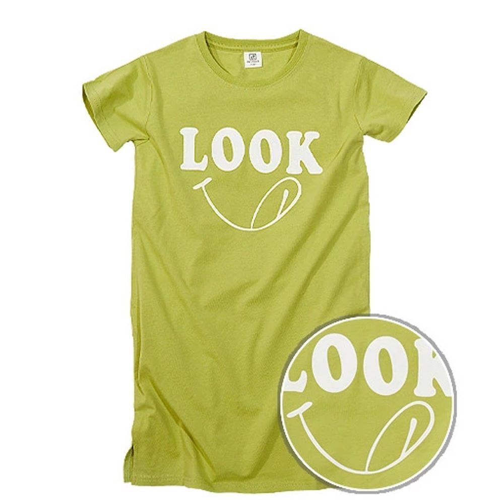 日本 devirock - 純棉印花短袖長版洋裝-LOOK-綠