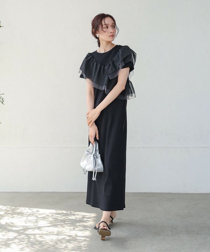 日本 Bab - 不對稱交叉薄紗拼接短袖洋裝-黑